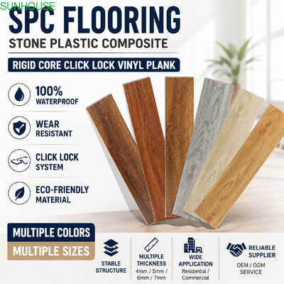 Harga yang bagus 4mm Waterproof SPC Vinyl Flooring dengan Click Lock System dan 0.3mm Wear Layer untuk penggunaan perumahan dan komersial ringan on line