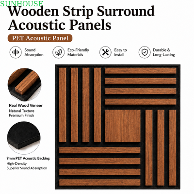 Harga yang bagus Kayu Slat PET Akustik Panel Dinding 9mm Felt Backing Kayu Asli Veneer Dekoratif Seni Desain Grosir on line